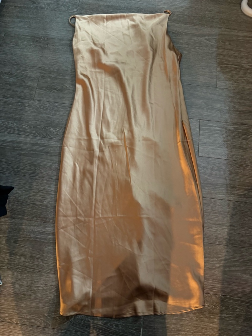 Beginning Boutique Satin Slip Midi Dress in Gold